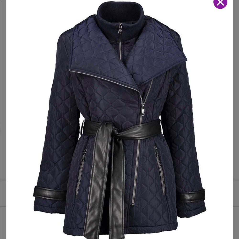Navy layered faux leather- accent quilted jacket
